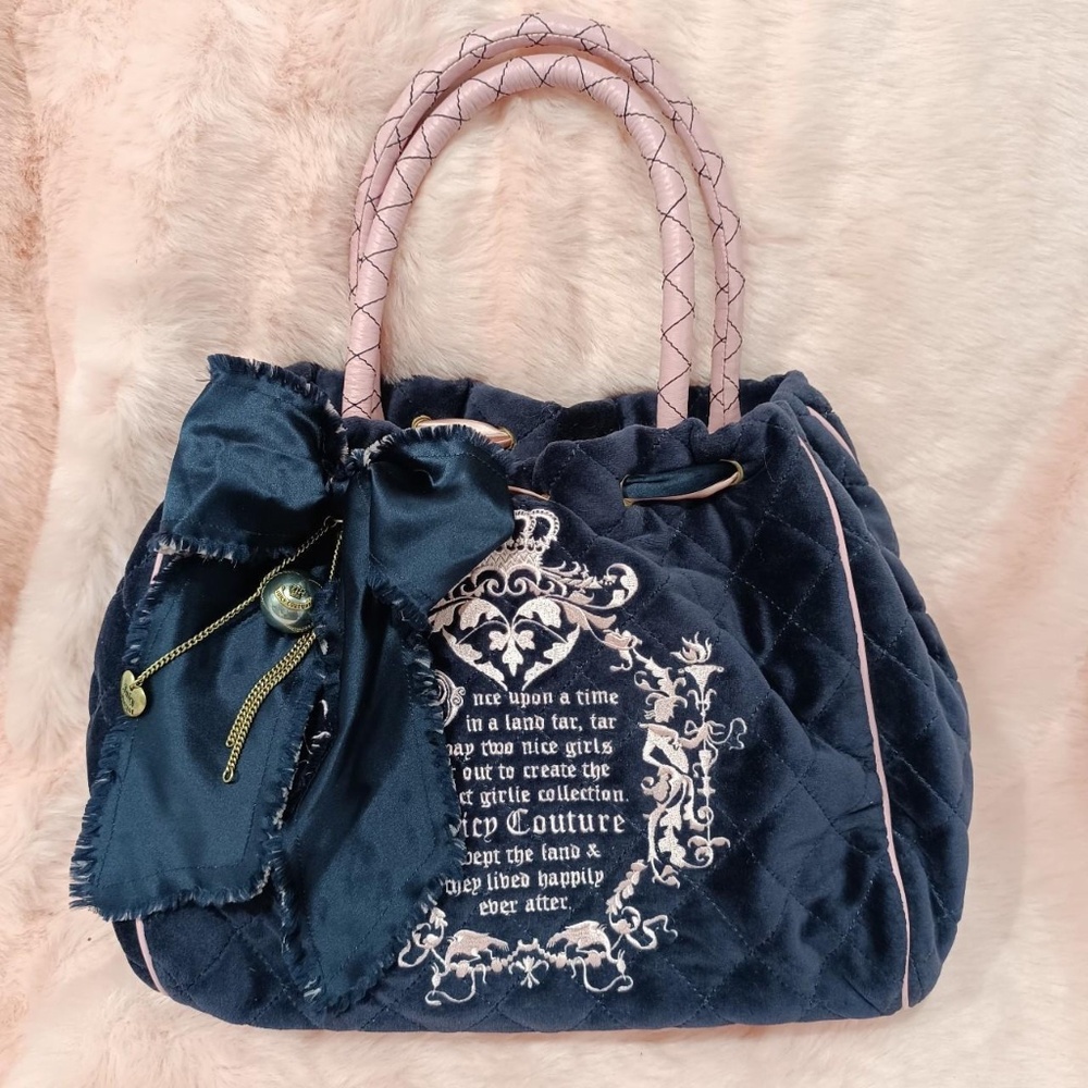 Juicy Couture Daydreamer Pink Navy Velour Fairytale Bag Purse Vintage Bow Charm